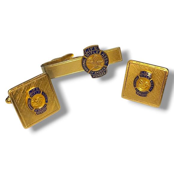 Vintage National Rifle Association NRA Life Member Cufflinks & Tie Clip Set - Picture 1 of 9